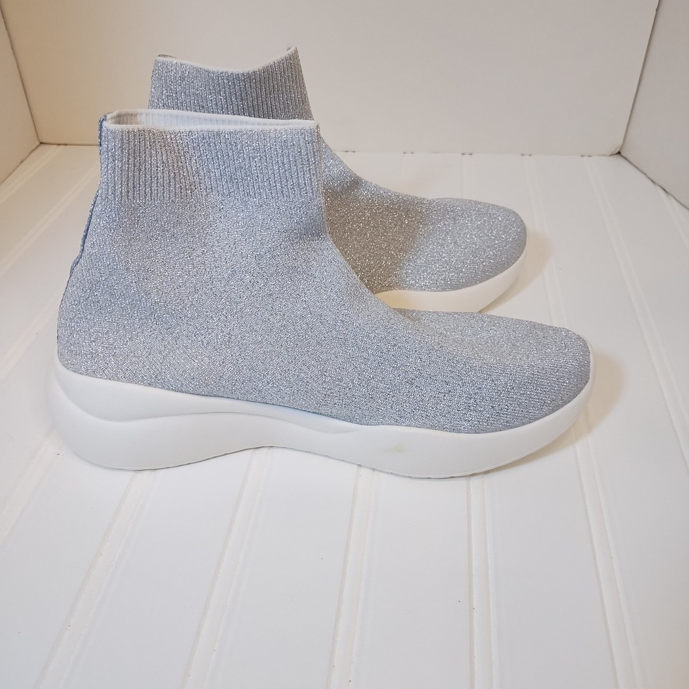 JustFab Billie Sock Sneakers Silver Shadow Metallic Glitter Slip On Shoes Size 7
